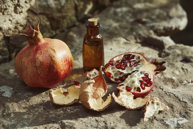 Pomegranate peel and a halved pomegranate, next to a small amber glass bottle