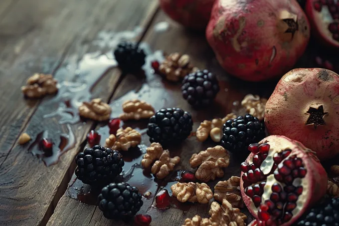 Pomegranate, blackberries, and walnuts scattered on a wooden table, glistening with water droplets
